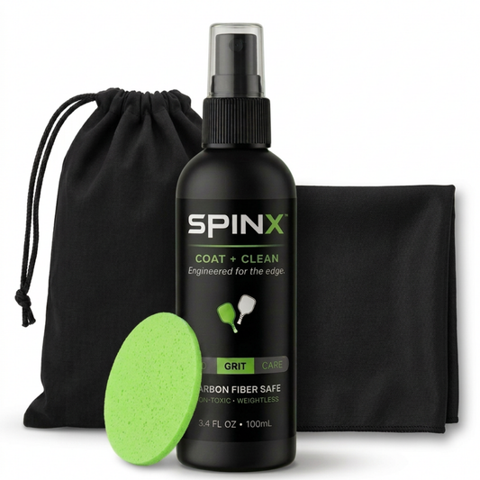 SPINX coat cleaning kit with spray bottle, cloth, sponge, and drawstring bag on a white background