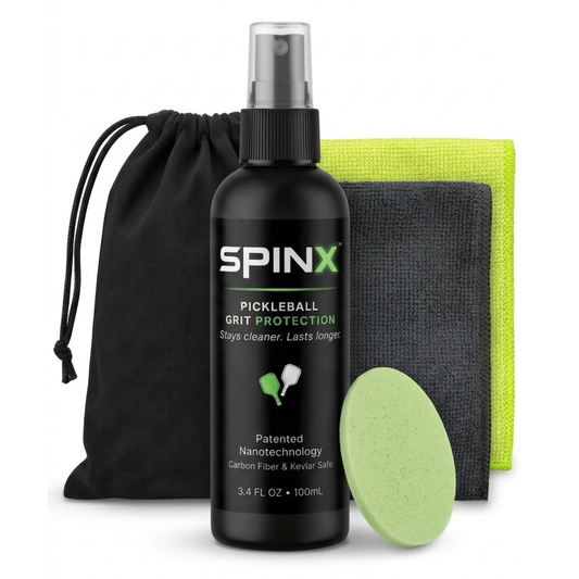 SPINX Pickleball Grit Protection kit featuring a black spray bottle, a black drawstring pouch, a dark gray microfiber cloth, a lime green sponge, and a lime green cleaning cloth on a white background.