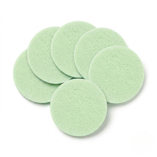 Six green round SPINX pre-clean sponges fanned out — 6-pack refill for prepping carbon-fiber pickleball paddles