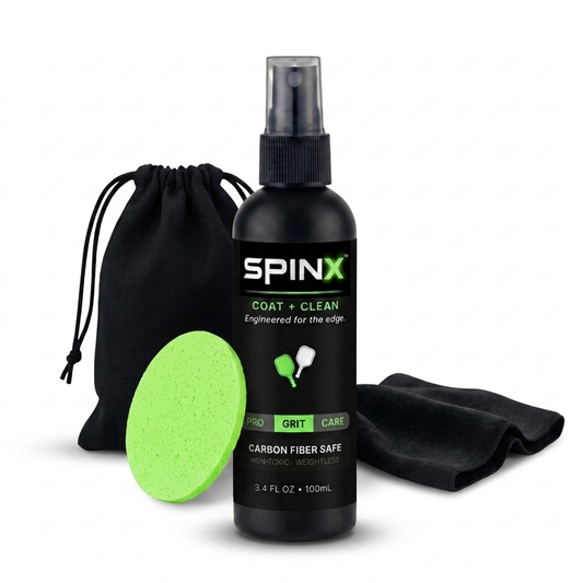SPINX Pro Grit Care kit for carbon fiber pickleball paddles — 100mL spray bottle with application sponge, microfiber cloth, and drawstring bag.